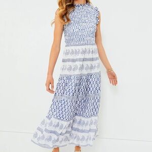 Oliphant Flora Blue Sleeveless Smocked Maxi Dress- Size Small